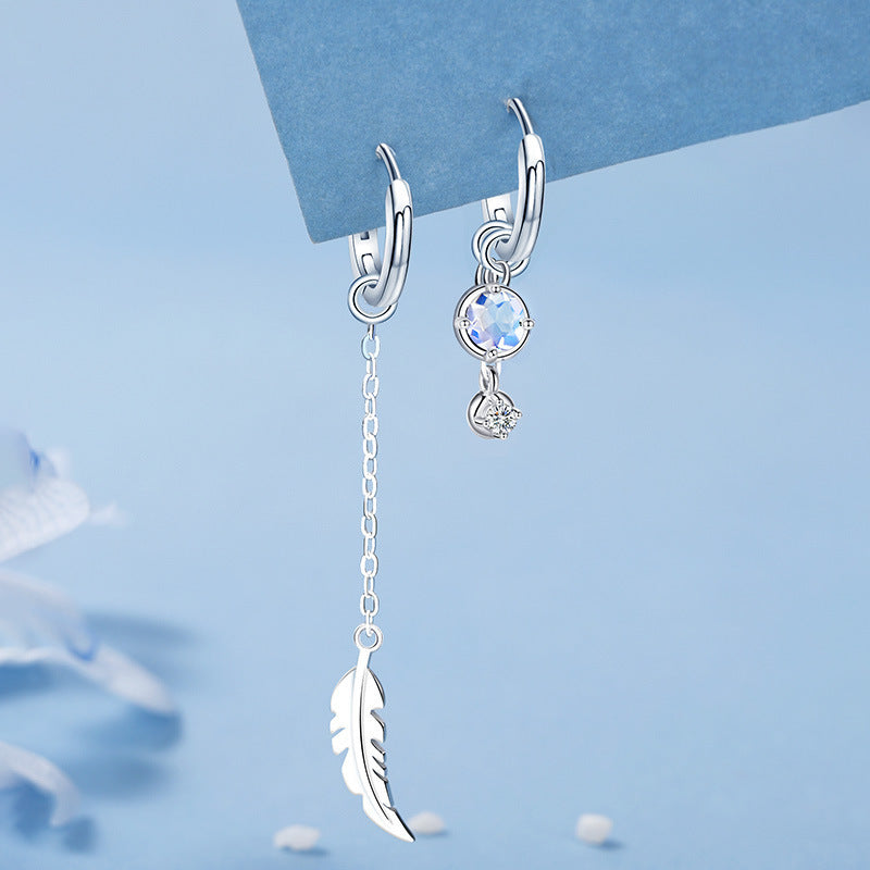 Asymmetric Moonstone Feather Earrings