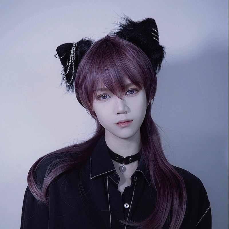 Gothic Black Cat Ears Hairpins with Metal Chain
