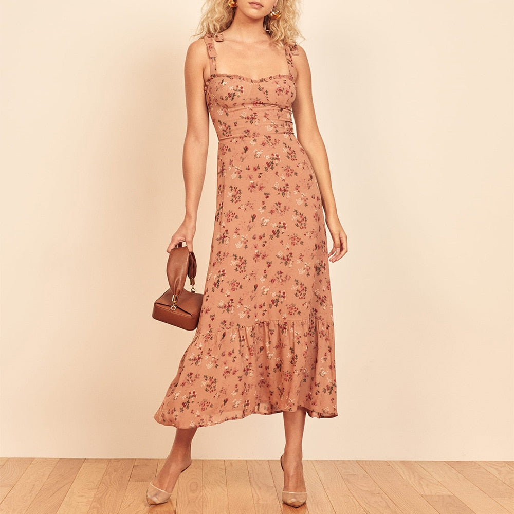 Dresses For Women 2023 Elegant Vintage Floral Dress Frill Sweetheart Neck Sleeveless Strap Tie Ruffle Hem Summer Beach Dress