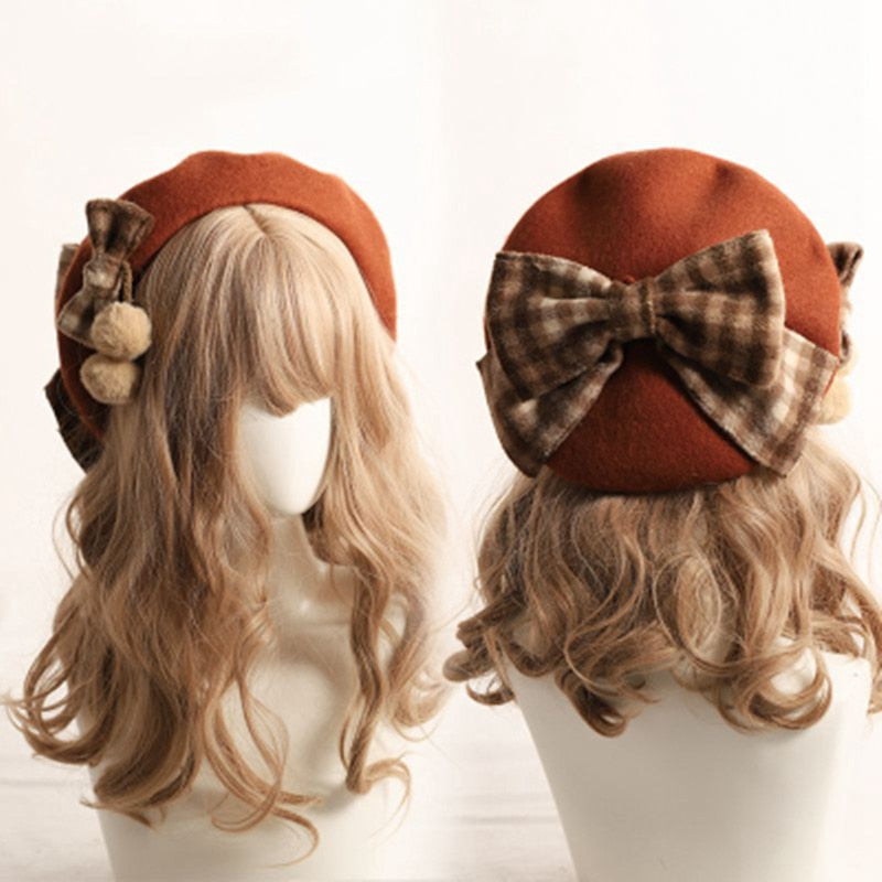 Kawaii Plaid Beret with Bow
