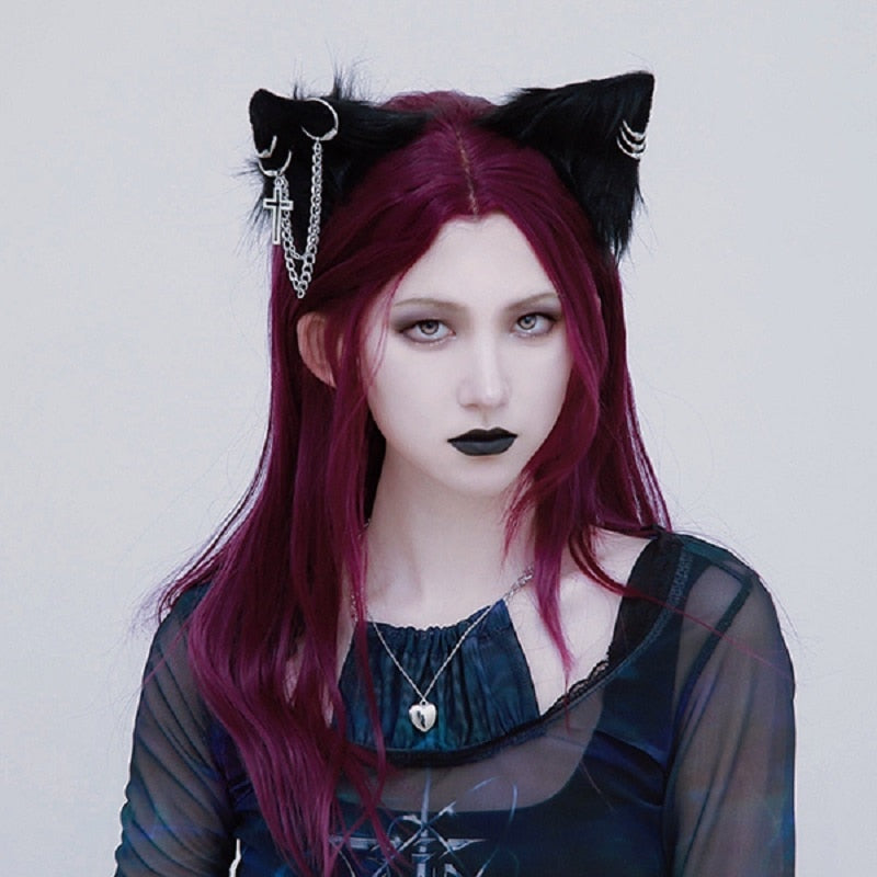 Gothic Black Cat Ears Hairpins with Metal Chain