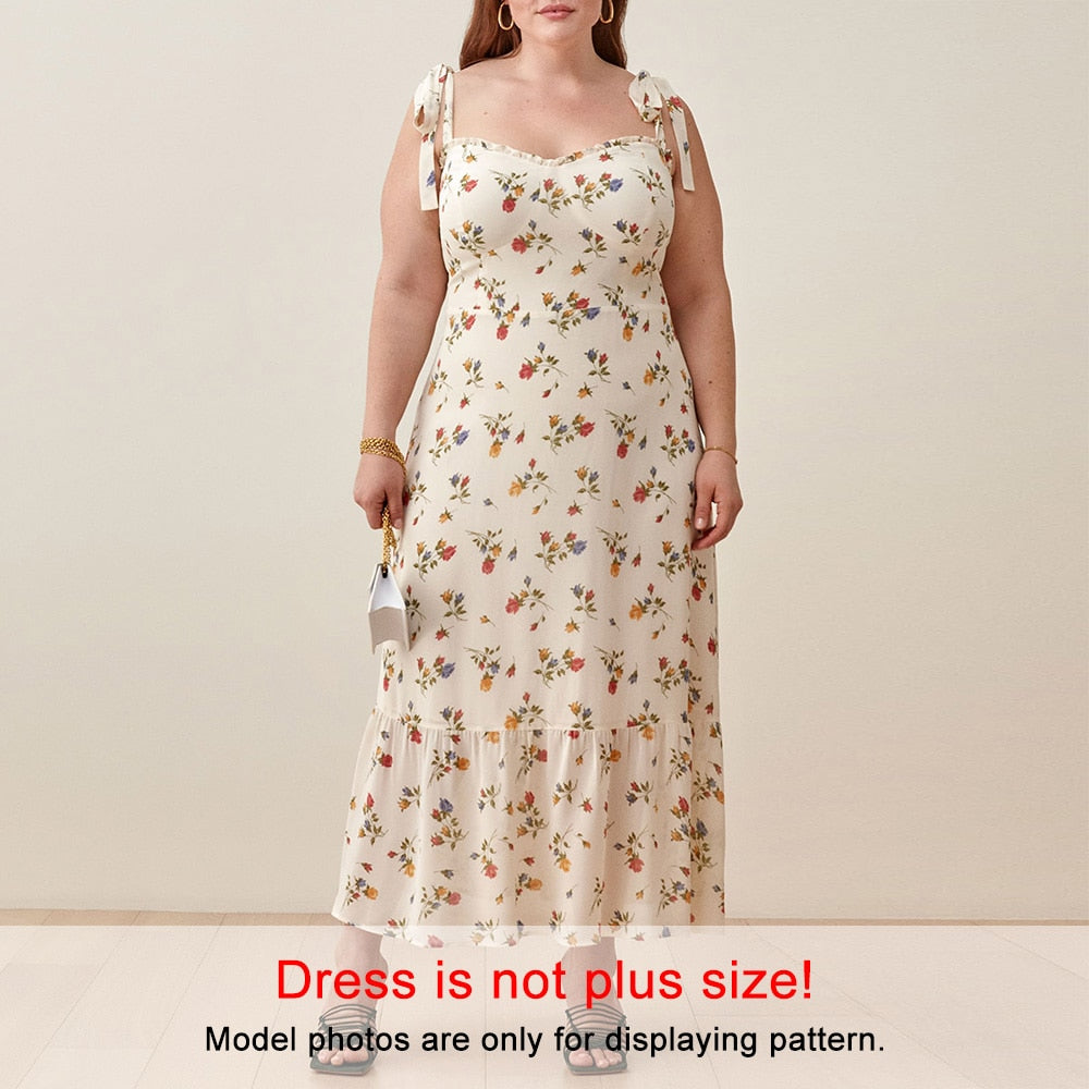 Dresses For Women 2023 Elegant Vintage Floral Dress Frill Sweetheart Neck Sleeveless Strap Tie Ruffle Hem Summer Beach Dress