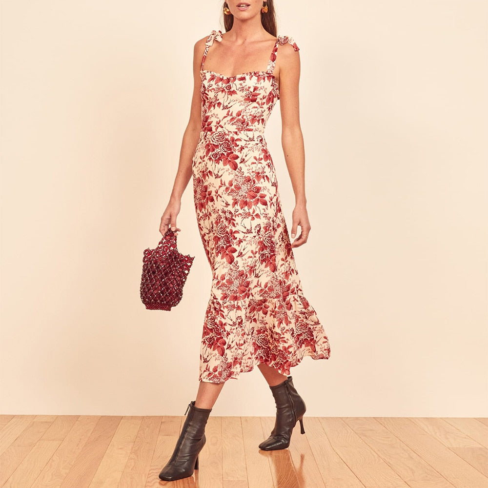 Dresses For Women 2023 Elegant Vintage Floral Dress Frill Sweetheart Neck Sleeveless Strap Tie Ruffle Hem Summer Beach Dress