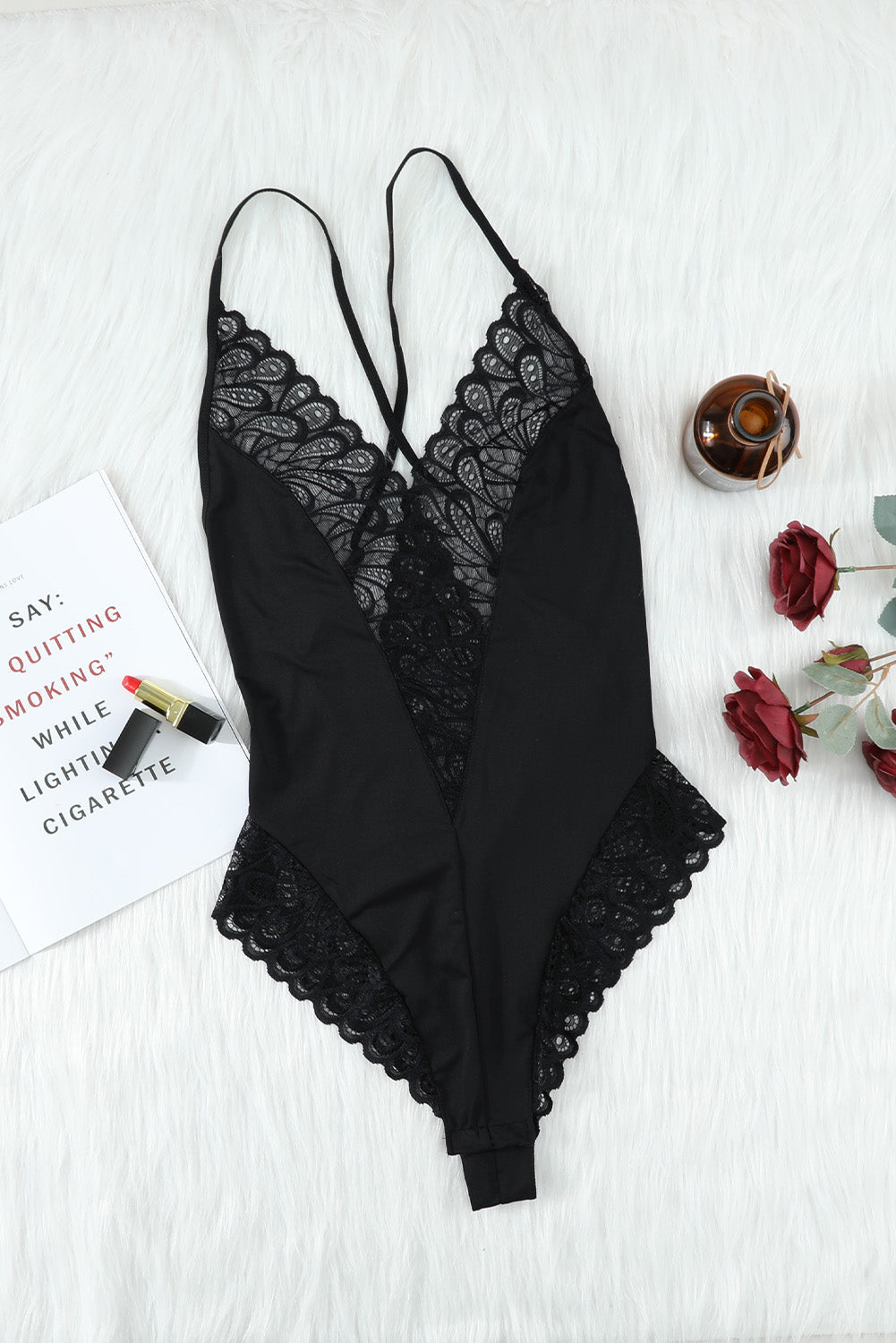 Black Lace Deep V Neck Crisscross Backless Bodysuit