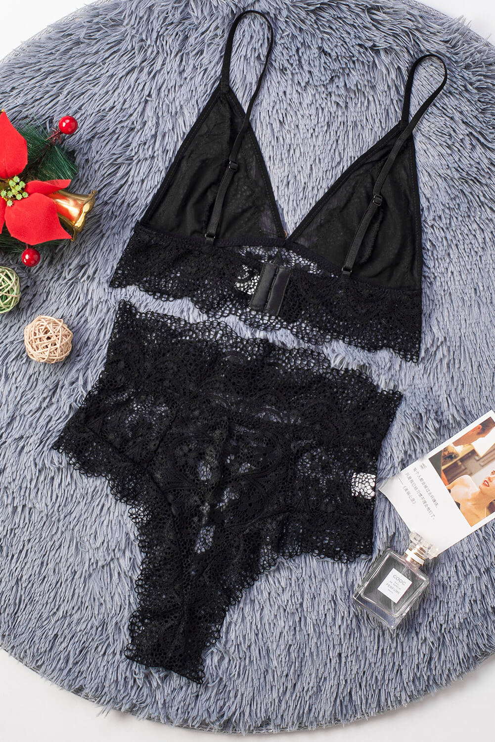 Black Strappy Lace High Waist Lace Up Panty Bralette Set