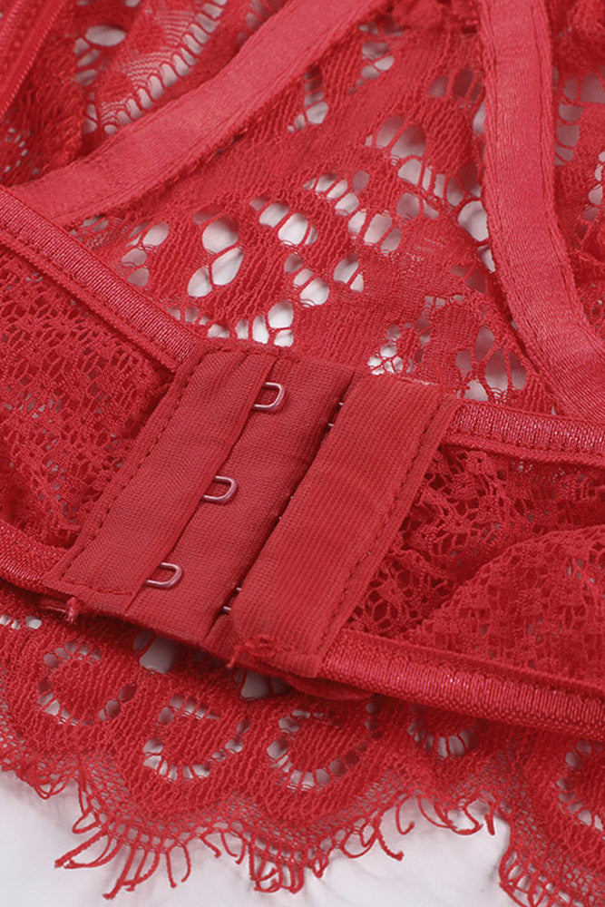Red Spaghetti Strap Push Up Eyelash Lace Bra Set