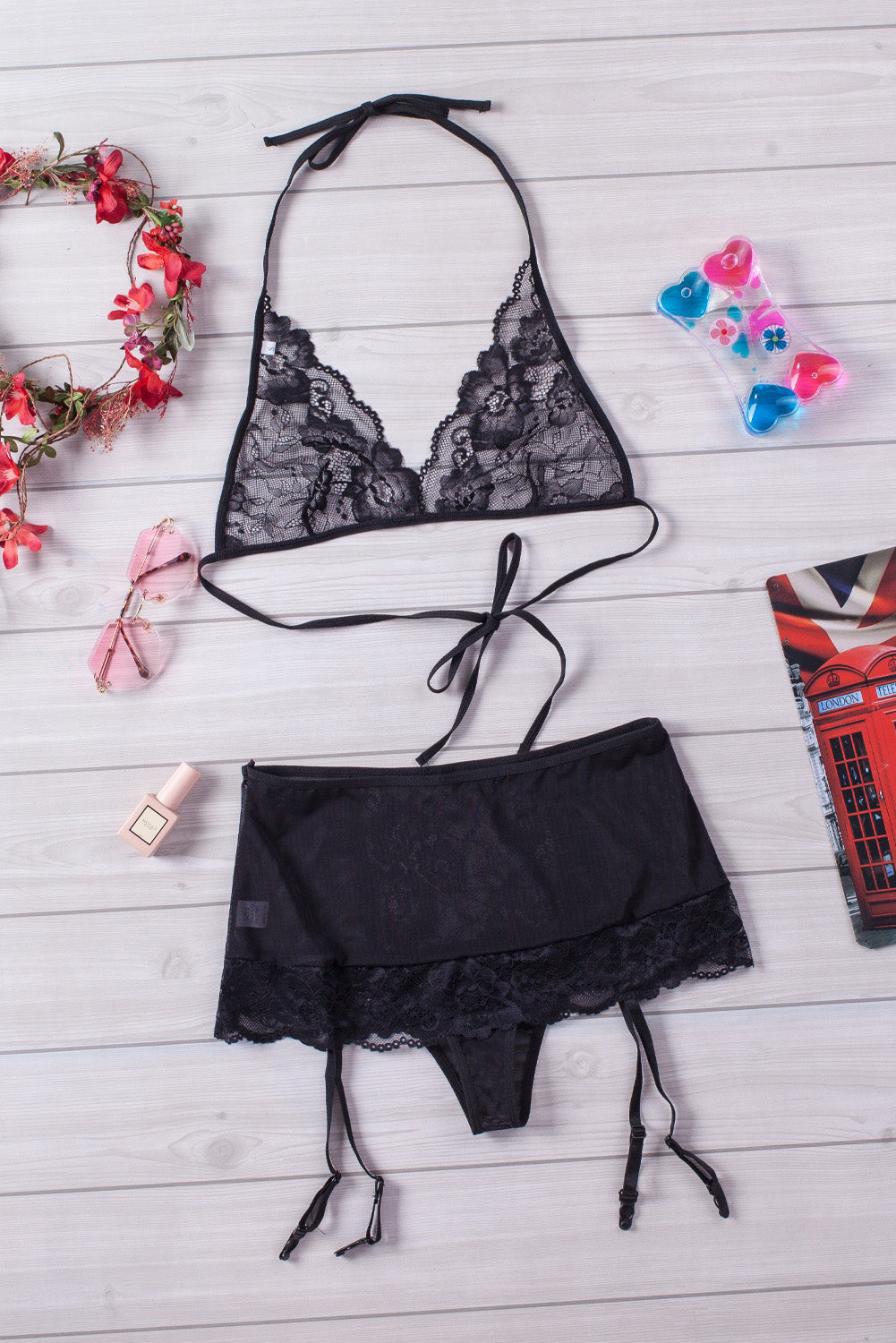 Black Halter Lace 3Pcs Lingerie Set