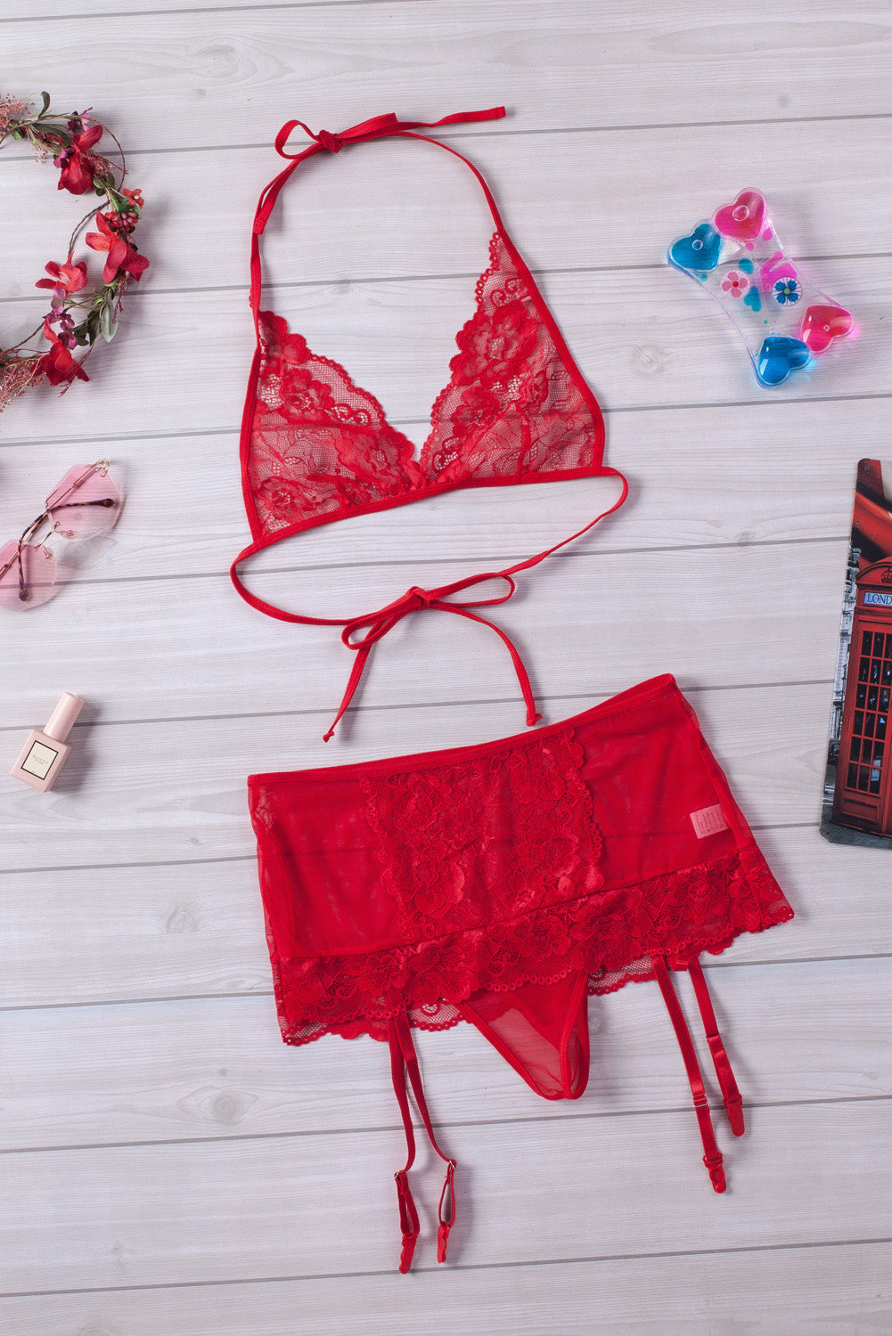 Red Backless Lace 3Pcs Lingerie Set