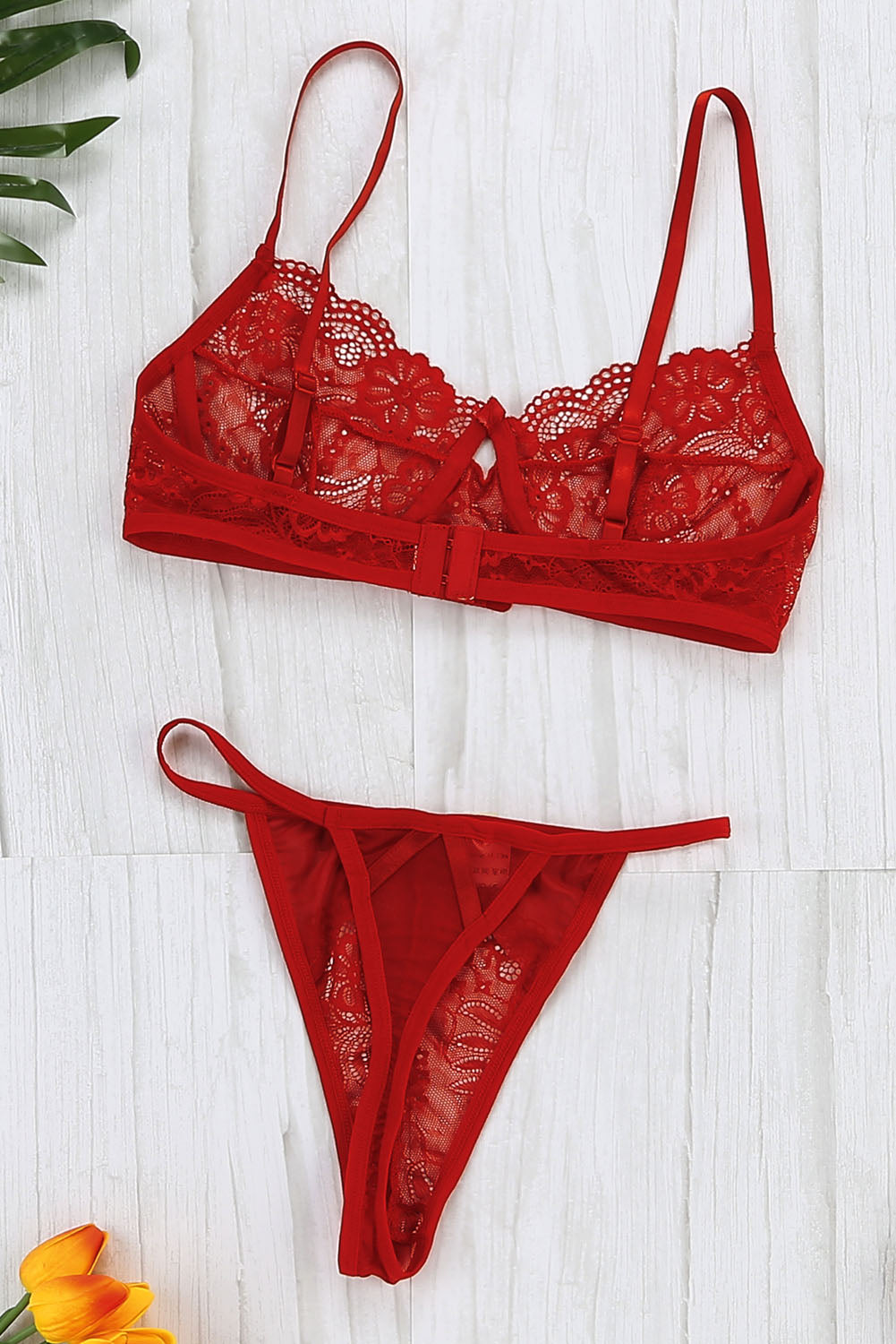 Red Lace Blossom Balcony Sexy Lingerie Bralette  & Thong