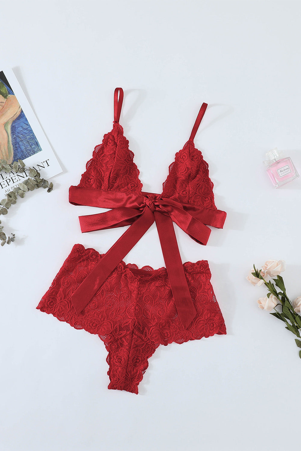 Chic Romantic Love Red Lace Bralette Lingerie Set
