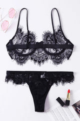 Black Eyelash Lace 2pcs Lingerie Bralettes Set