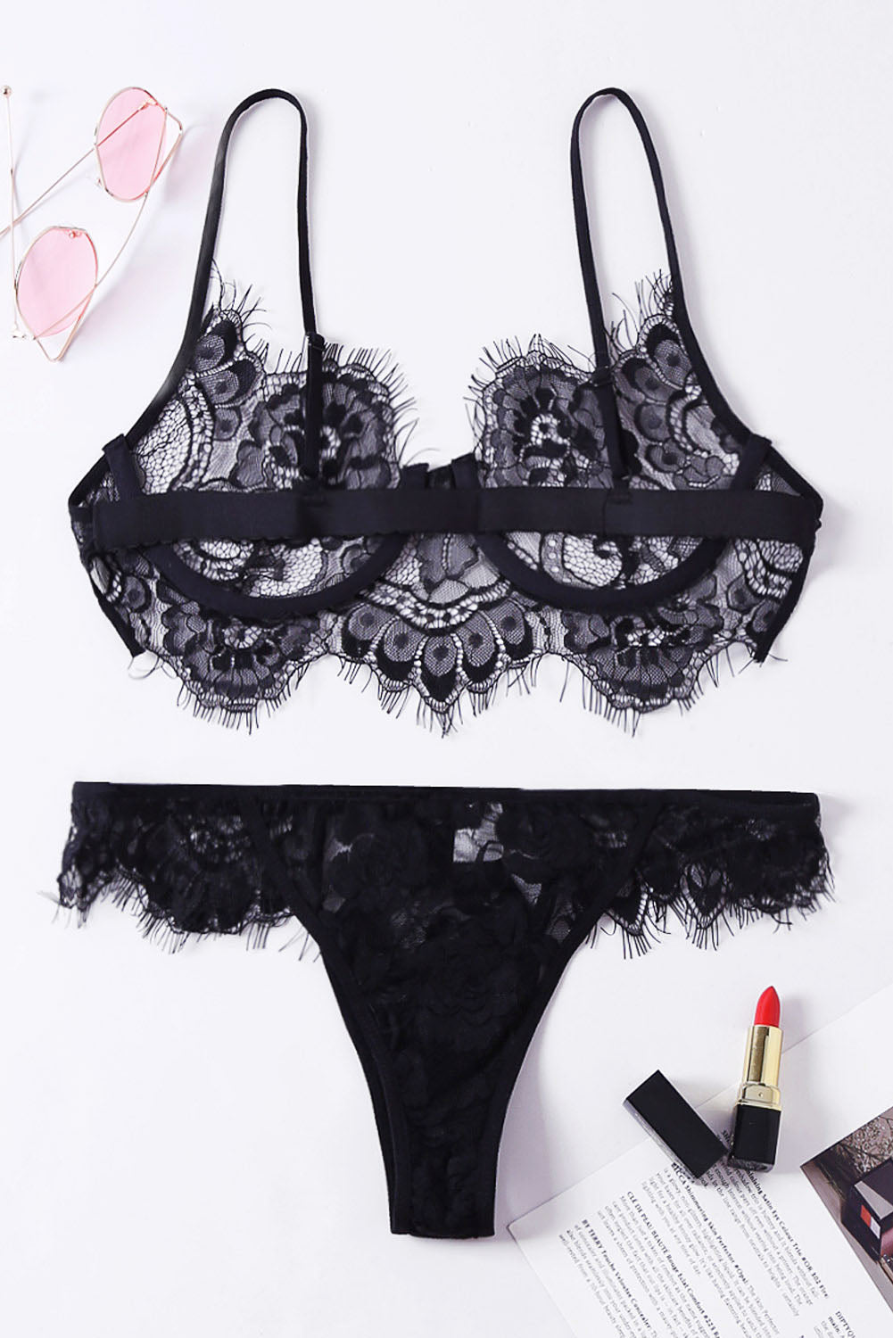 Black Eyelash Lace 2pcs Lingerie Bralettes Set