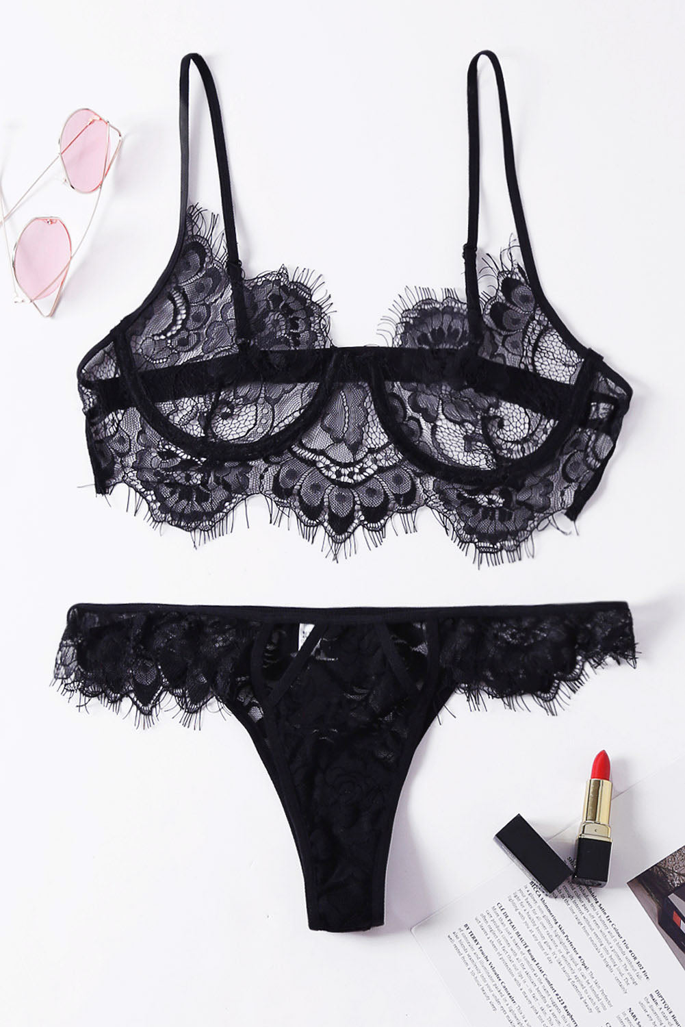 Black Eyelash Lace 2pcs Lingerie Bralettes Set