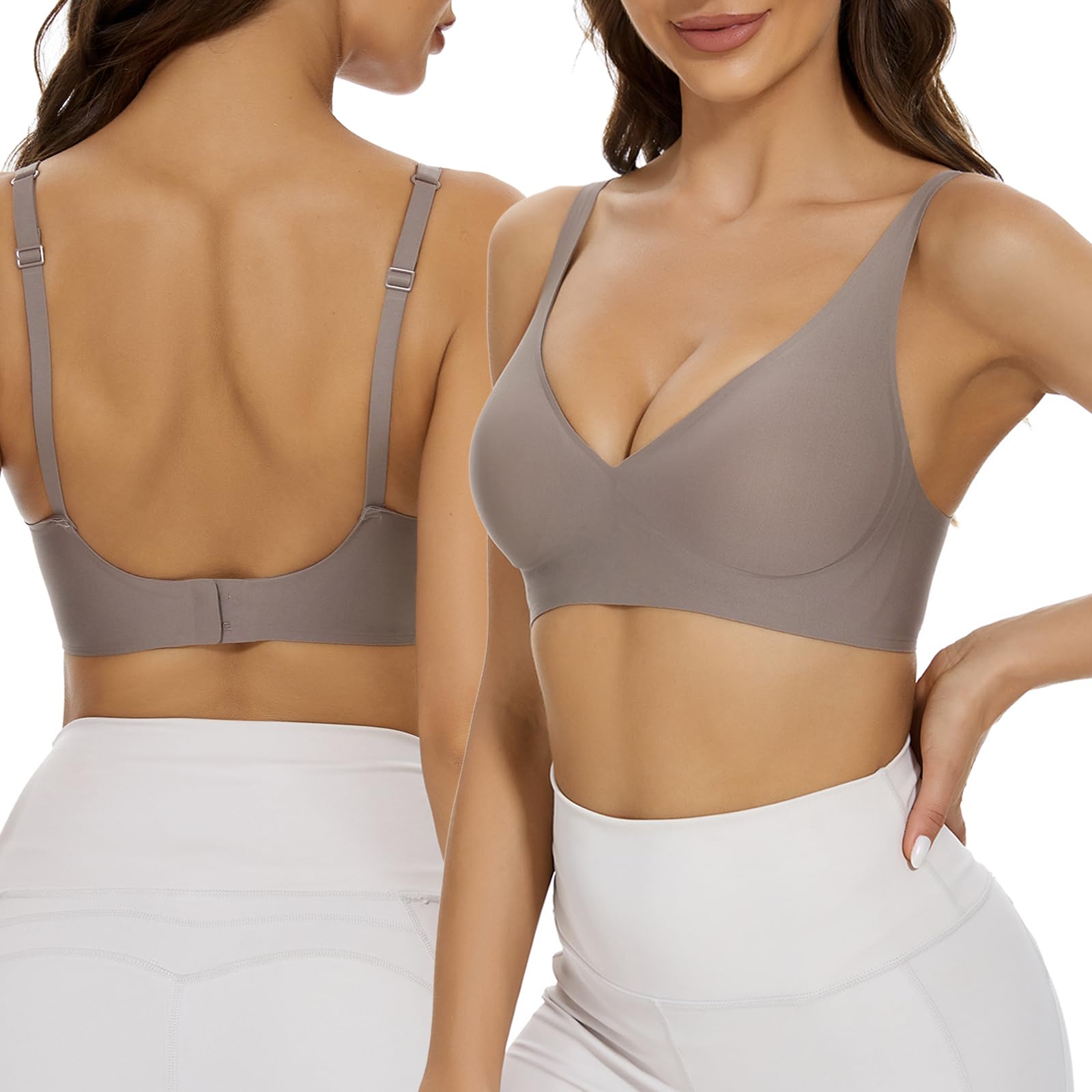 Wirefree Seamless Bra for Women Invisible Deep V Plunge Bra with Removeable Padding RosyBrown