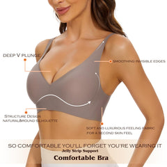 Wirefree Seamless Bra for Women Invisible Deep V Plunge Bra with Removeable Padding RosyBrown