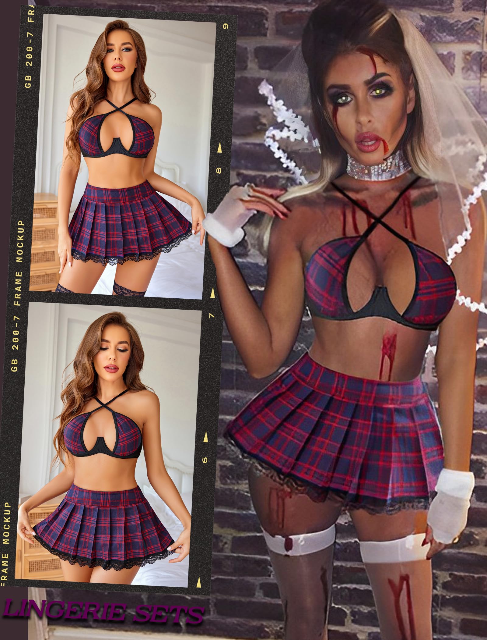 Avidlove Lingerie Set for with Underwire Two Piece Lingerie Sets Outfit Lingerie Set with Lace Mini Pleated Skirt