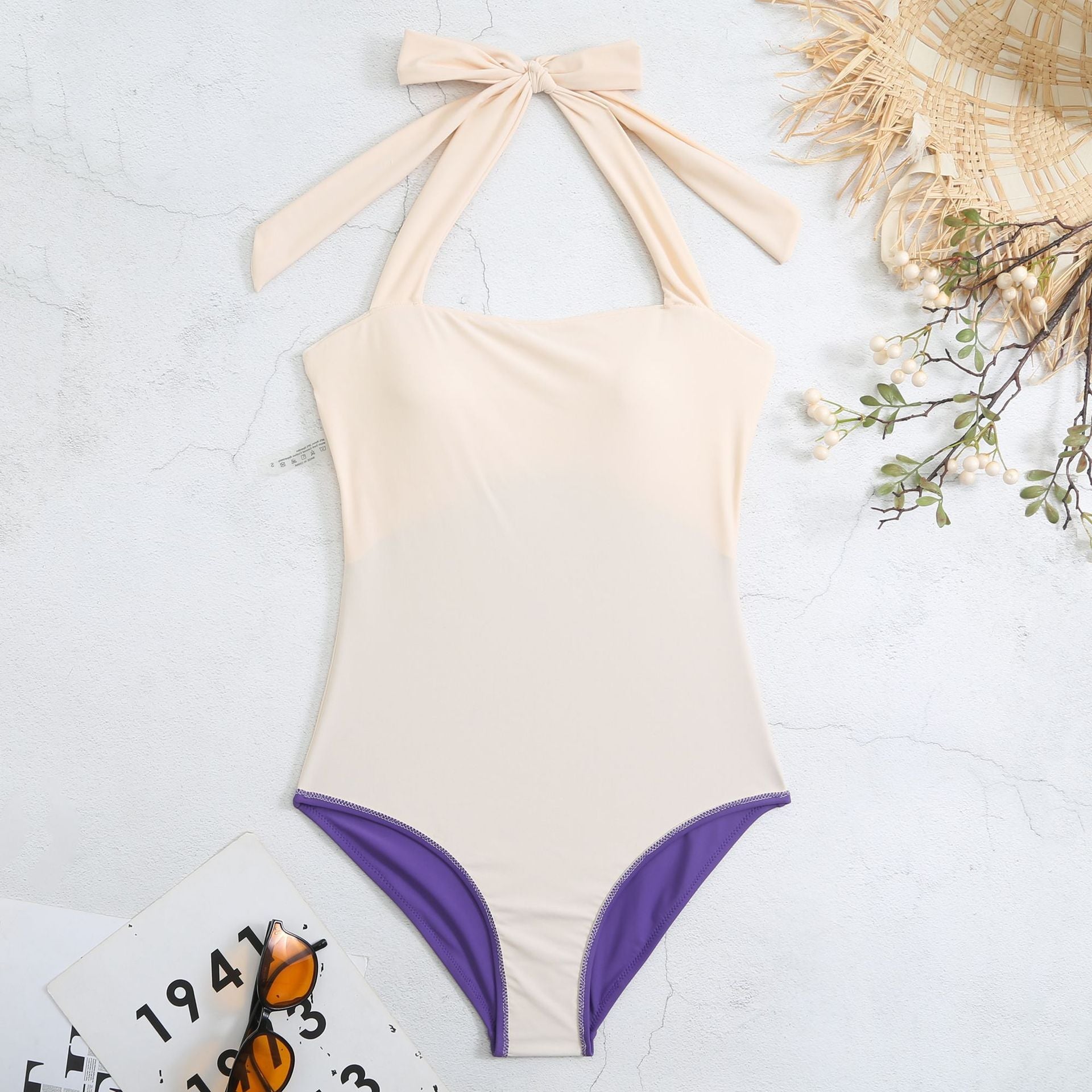 Color Block Halter One Piece Swimsuit