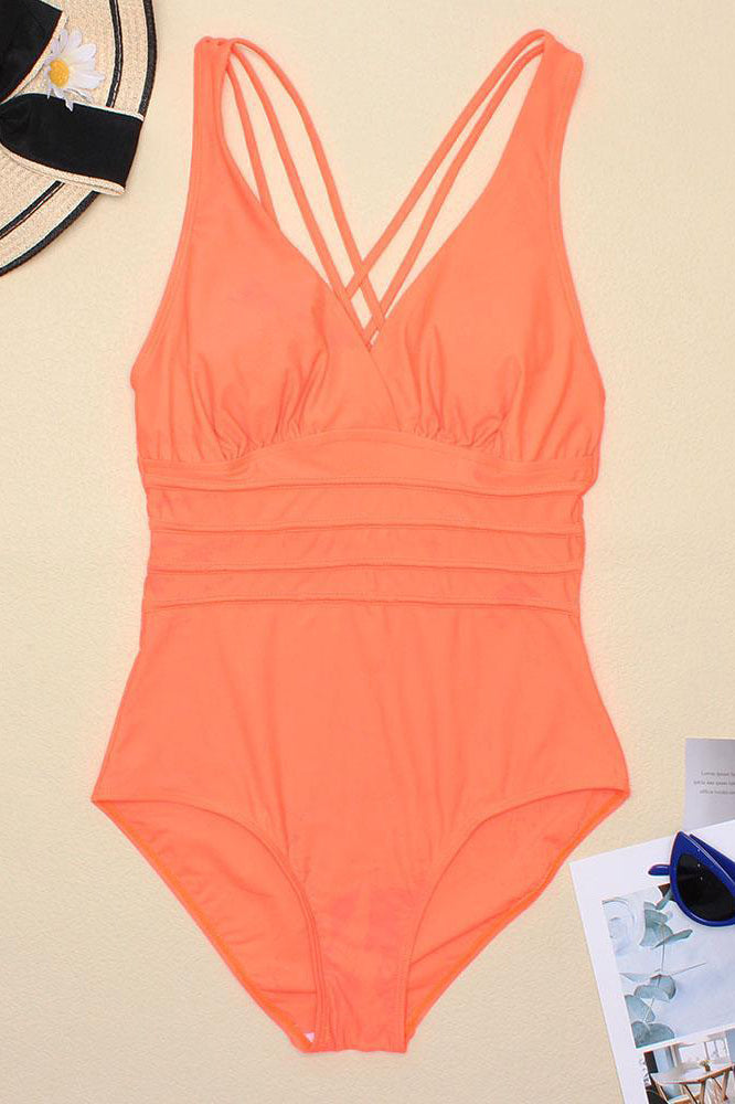 Deep V Neck Straps Tummy Control Ruched One-Piece Swimsuit