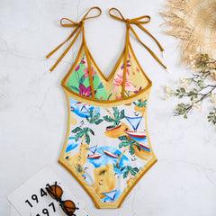 New Printed Slim Fit Reversible One-Piece Swimsuit - Yellow