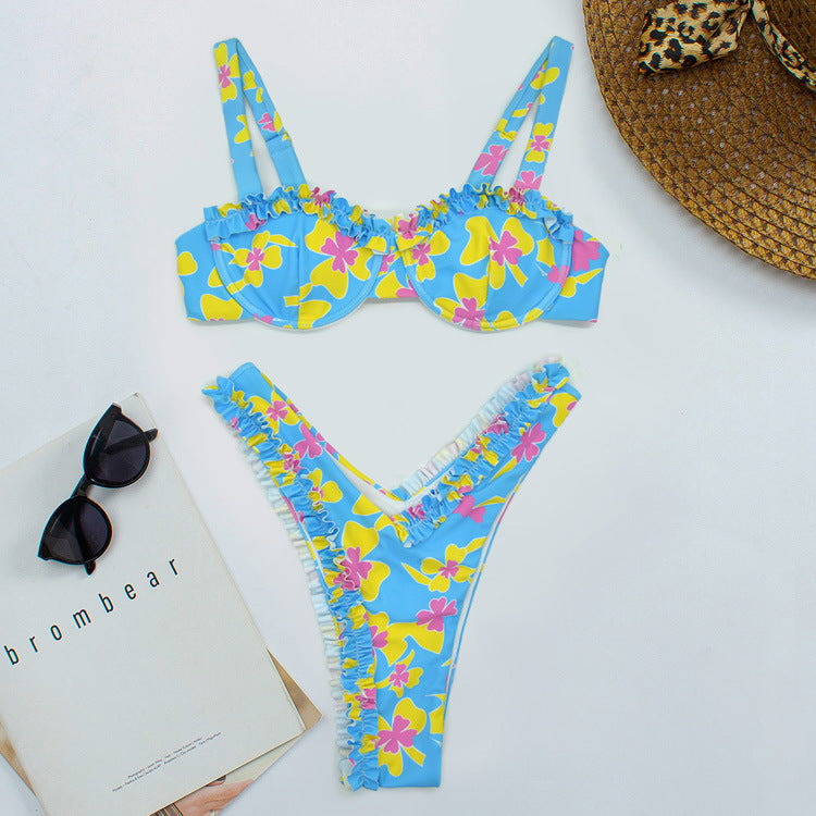 Pink Floral Ruffled V Cut Bikini Bottoms