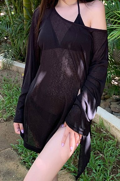 Long Sleeve Sun Protection Cover Up Three-Piece Bikini - Black