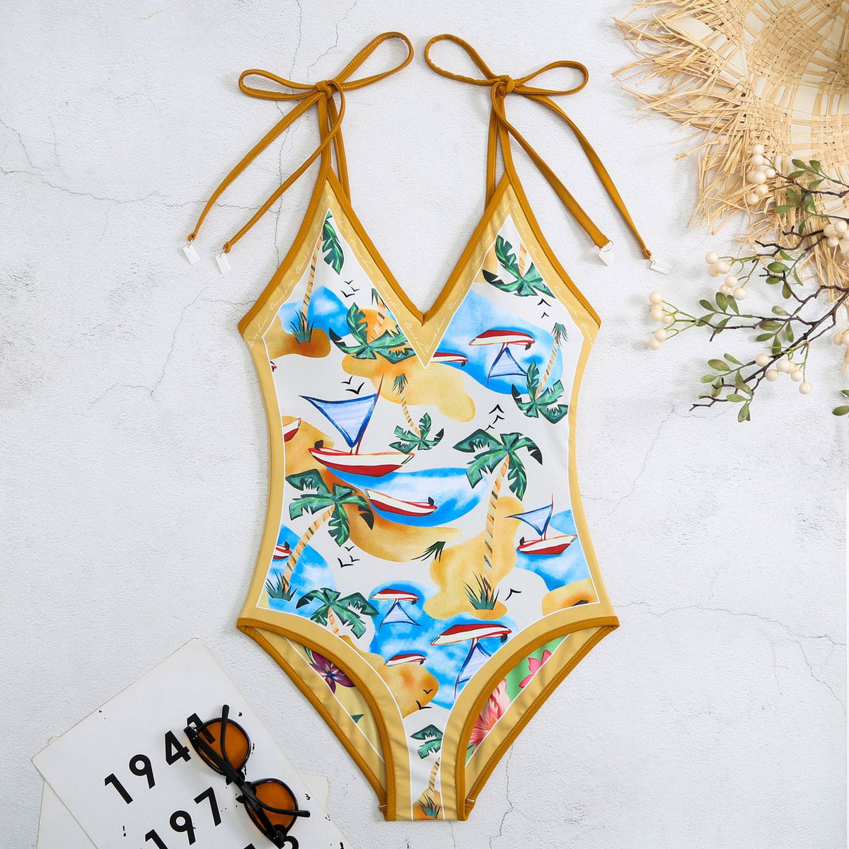 New Printed Slim Fit Reversible One-Piece Swimsuit - Yellow