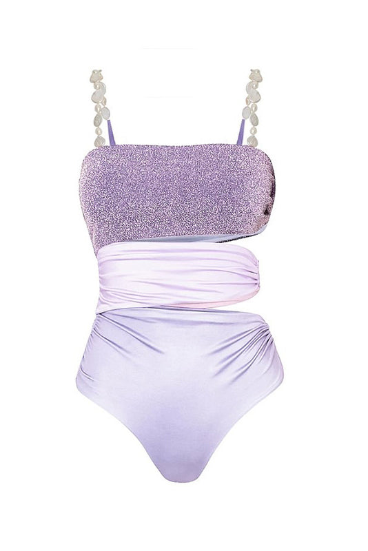 Lilac Pearl Strap Cutout Shiny Texture One Piece Swimsuit