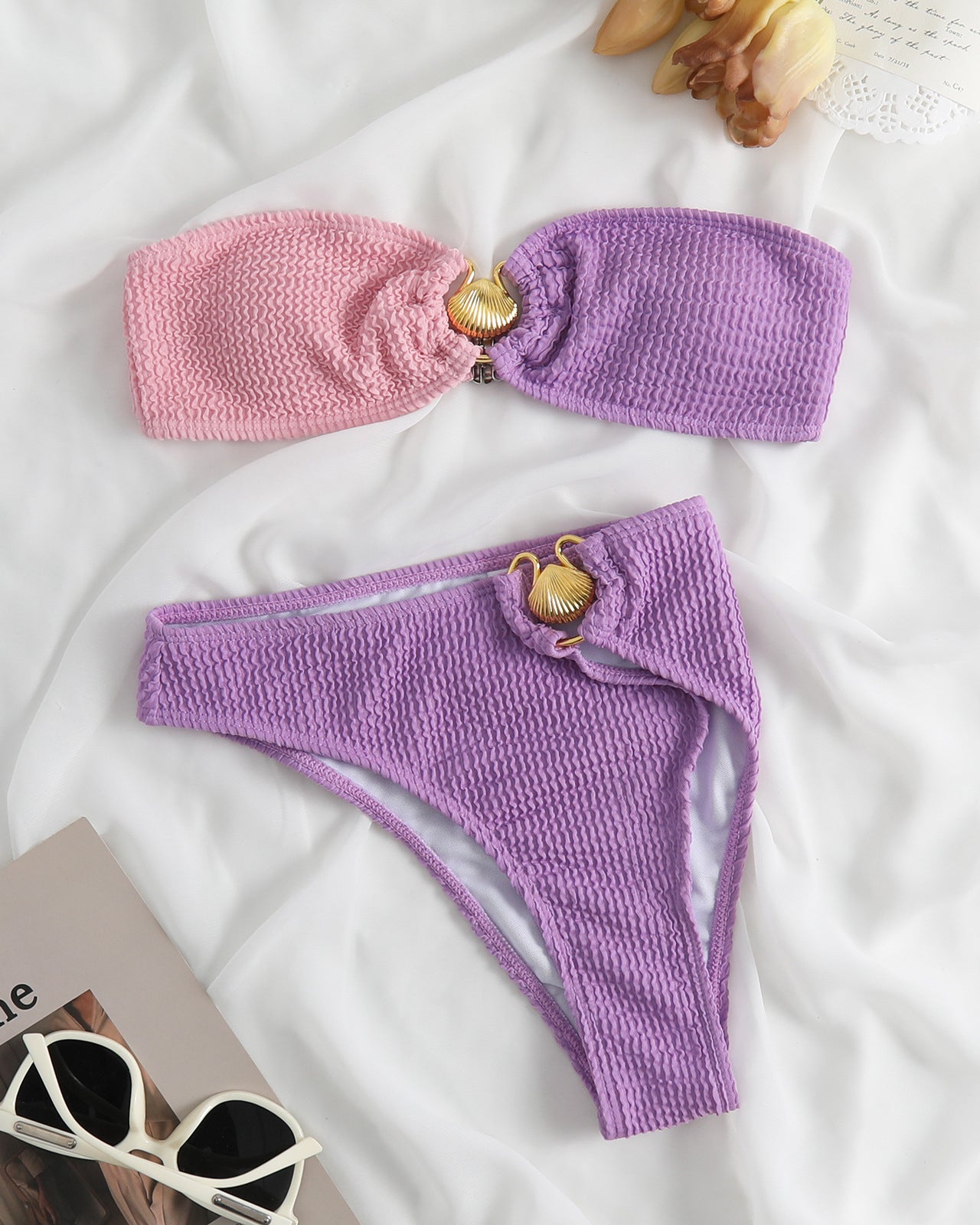 Colorblock Bandeau Crinkle High Rise Bikini Set With Gold Shell Detail - Lilac & Salmon