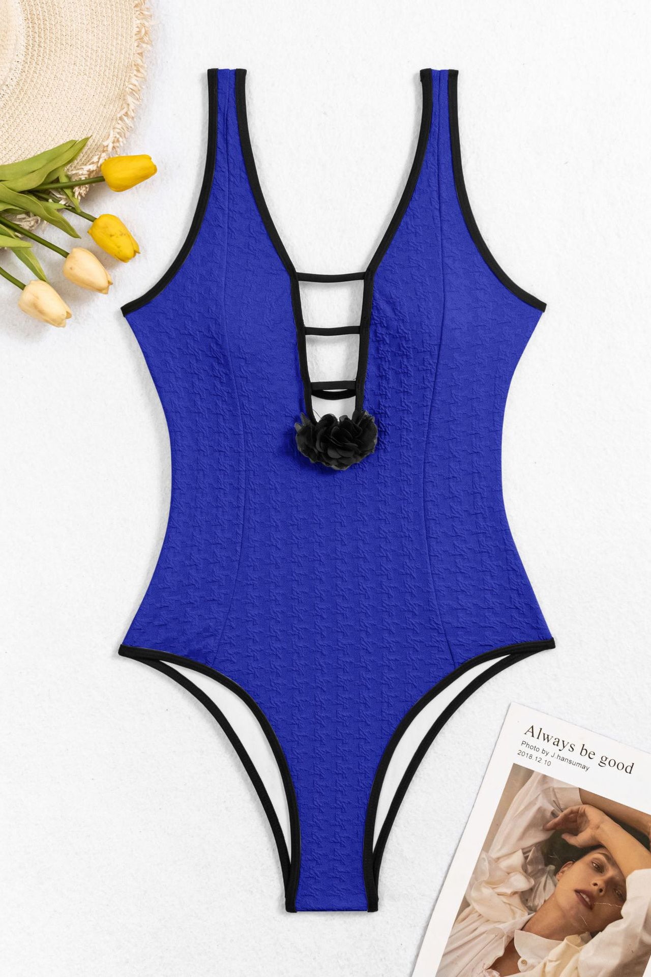 3D Flower Trim Deep V Neck Cutout Textured   One Piece Swimsuit