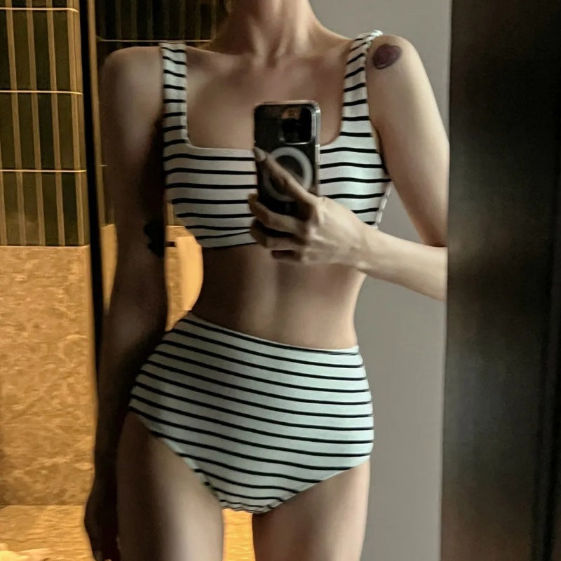 White Black Striped Bikini Top