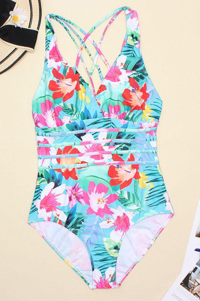 Deep V Neck Straps Tummy Control Ruched One-Piece Swimsuit