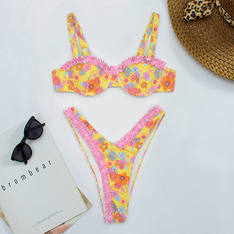 Pink Floral Ruffled V Cut Bikini Bottoms