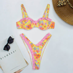 Pink Floral Ruffled V Cut Bikini Bottoms
