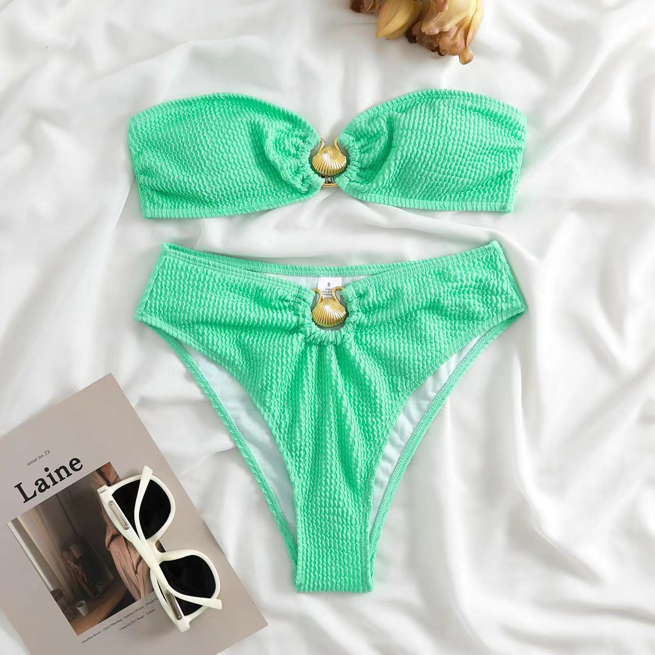Bandeau Crinkle High Waisted Bikini Set With Gold Shell Detail - Salmon
