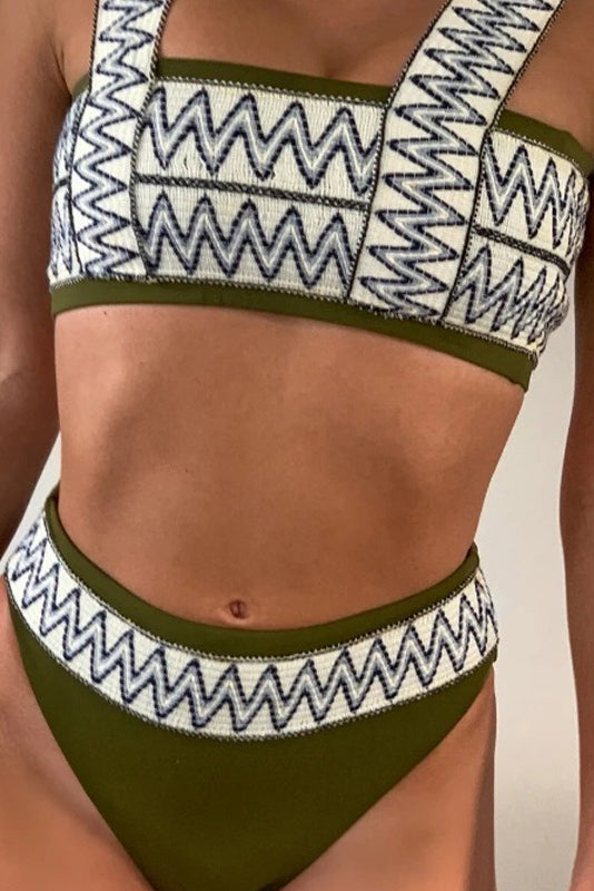 Blue Woven Zig-Zag High Waisted Bikini Bottom