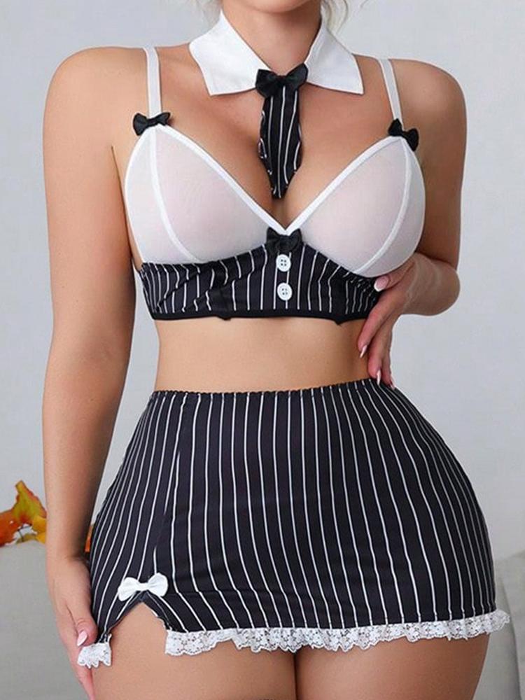 Lace Striped Short Skirt Thong Bow Tie Four-Piece Set