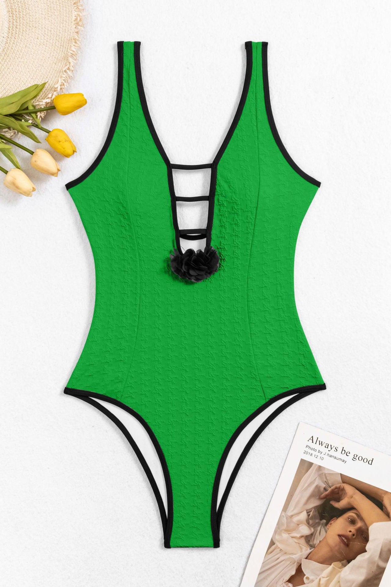 3D Flower Trim Deep V Neck Cutout Textured   One Piece Swimsuit