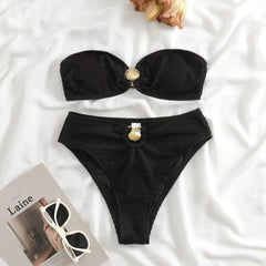 Bandeau Crinkle High Waisted Bikini Set With Gold Shell Detail - Salmon