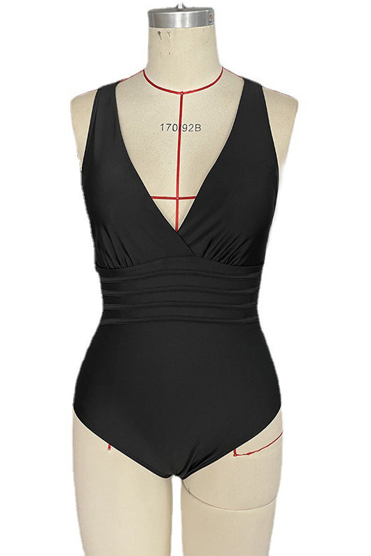Deep V Neck Straps Tummy Control Ruched One-Piece Swimsuit