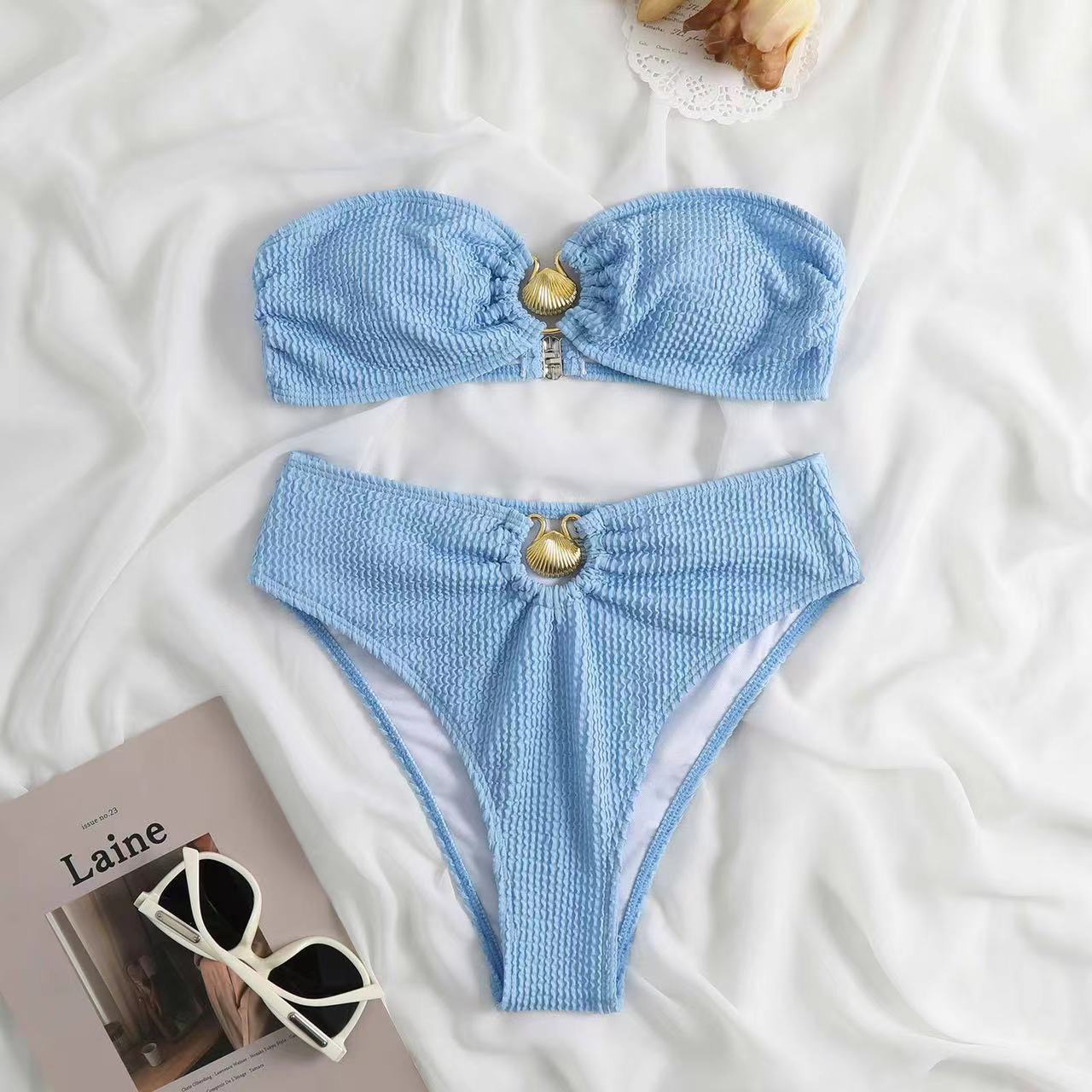 Bandeau Crinkle High Waisted Bikini Set With Gold Shell Detail - Salmon