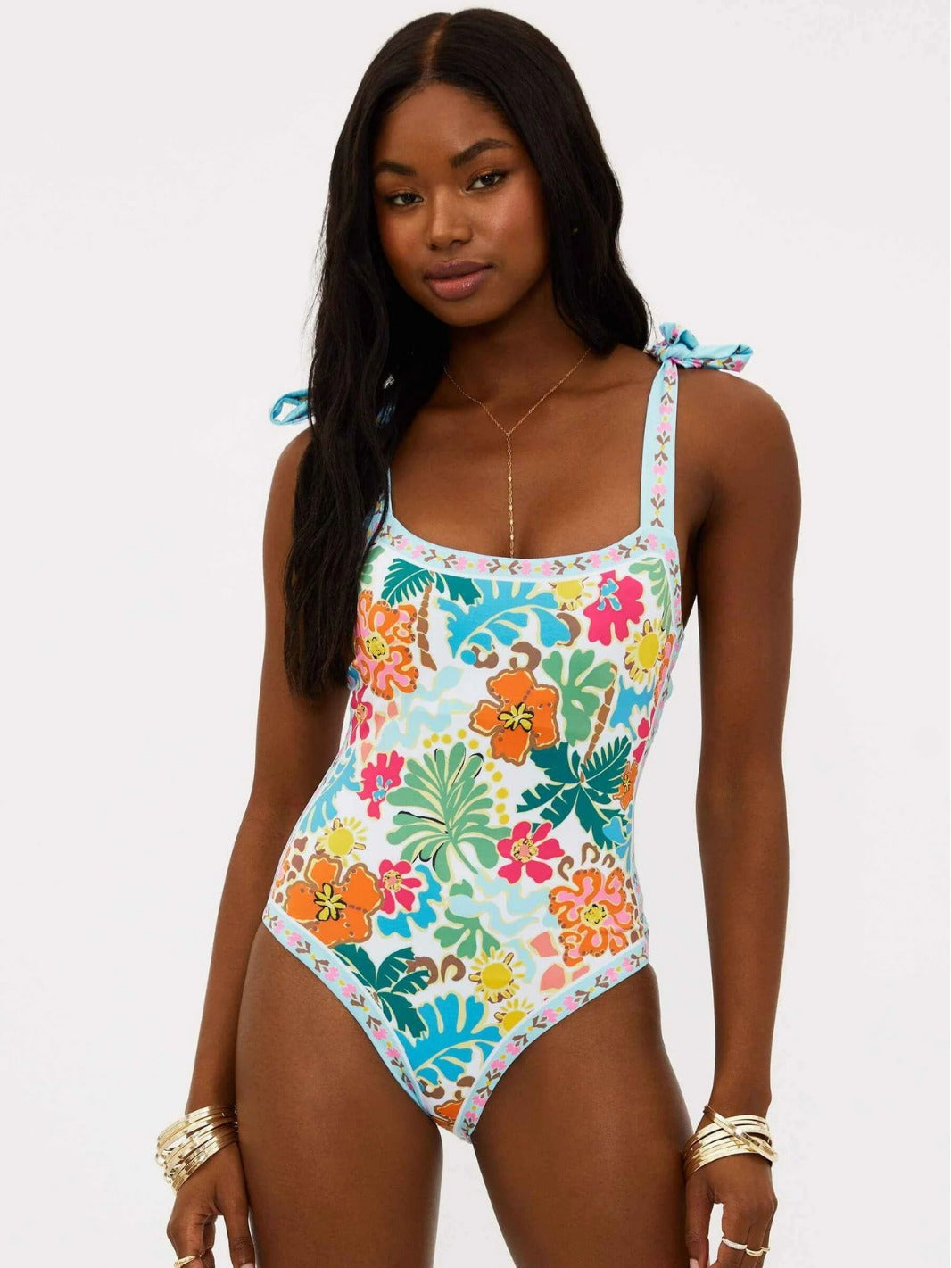 Conservative and fresh floral shoulder-strap slim bikini