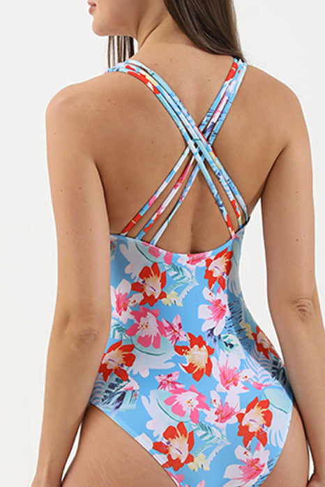 Deep V Neck Straps Tummy Control Ruched One-Piece Swimsuit