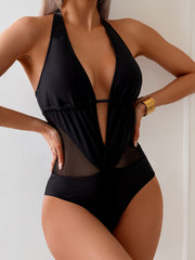 Black Plunge String Tie High Leg Monokini