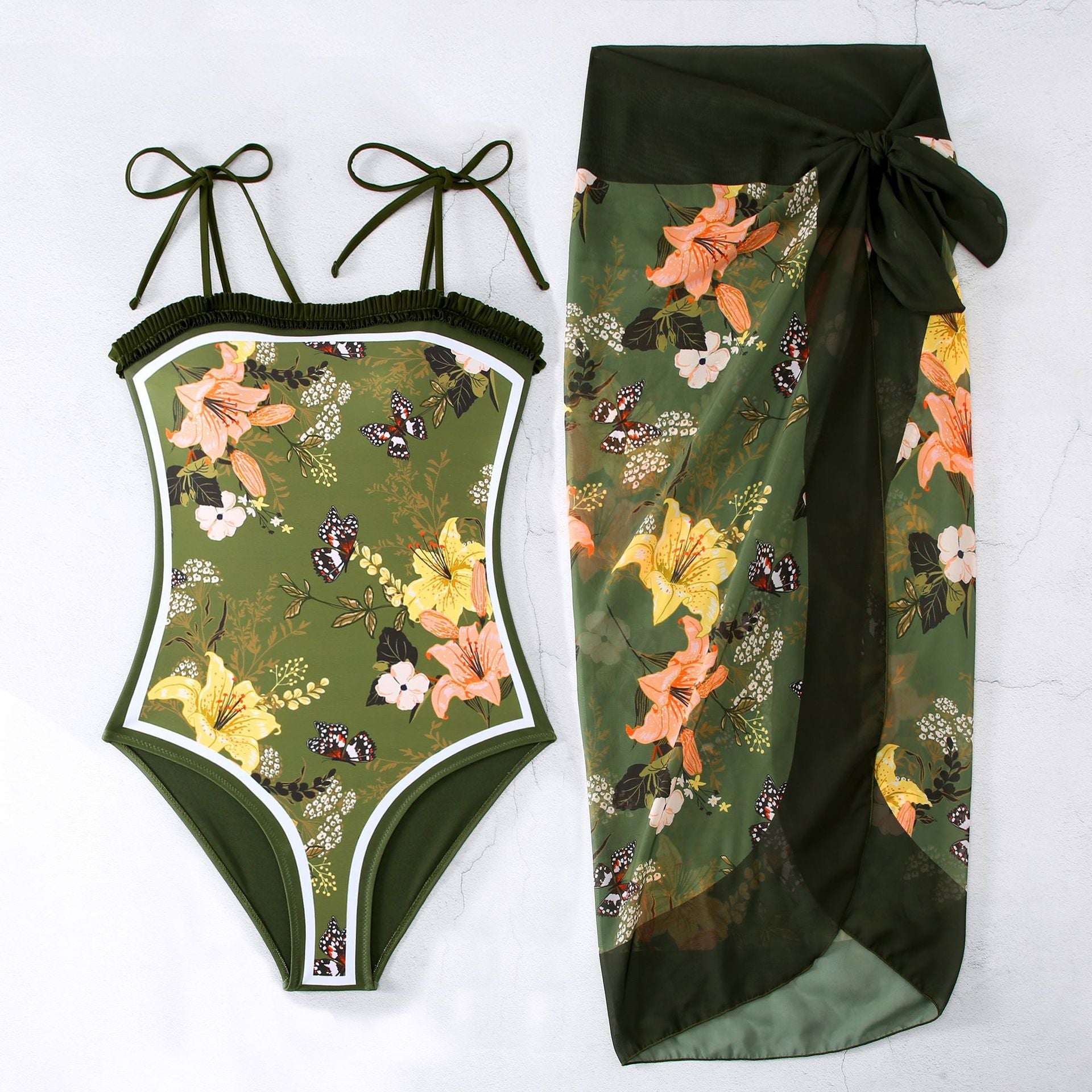 Sexy Bikini Swimsuit Underwire Split Wrap Push up High Waist Bikinis Set - Green