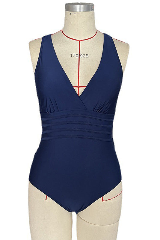 Deep V Neck Straps Tummy Control Ruched One-Piece Swimsuit
