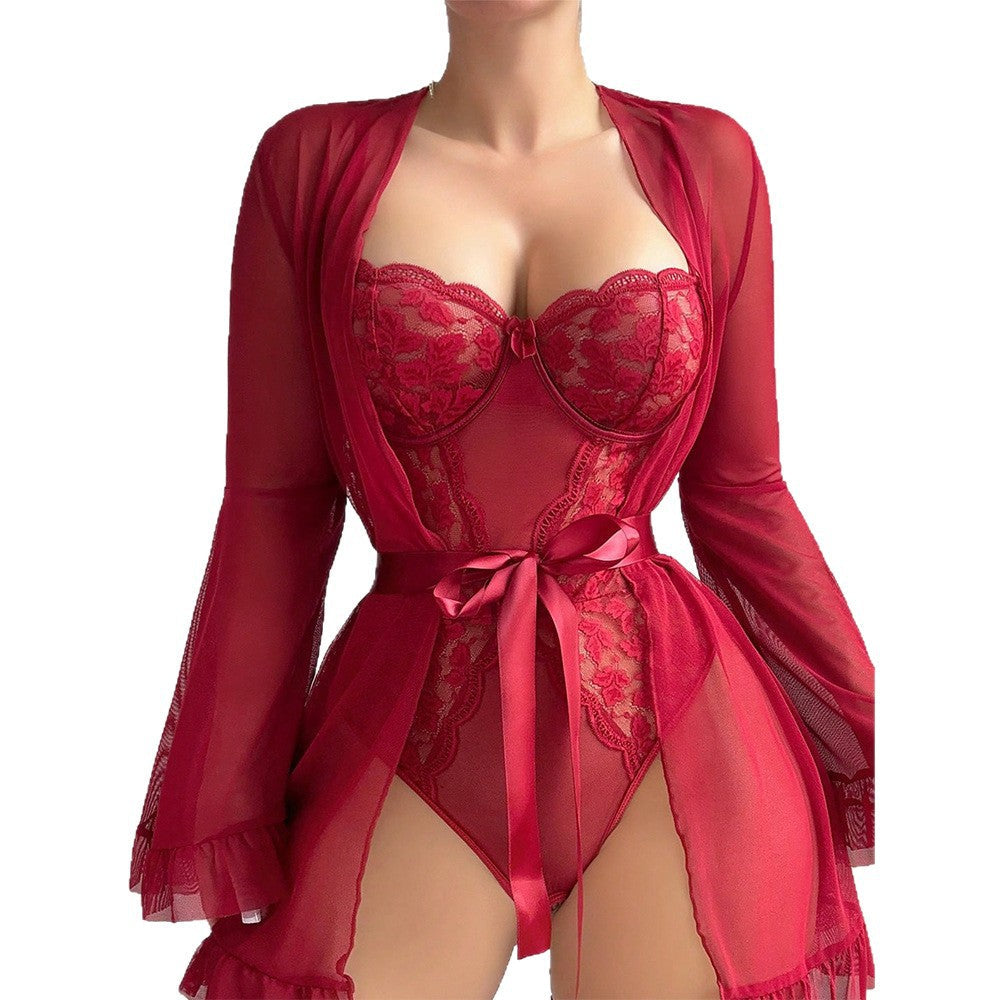Lace Bodysuit Cape Two Piece Set