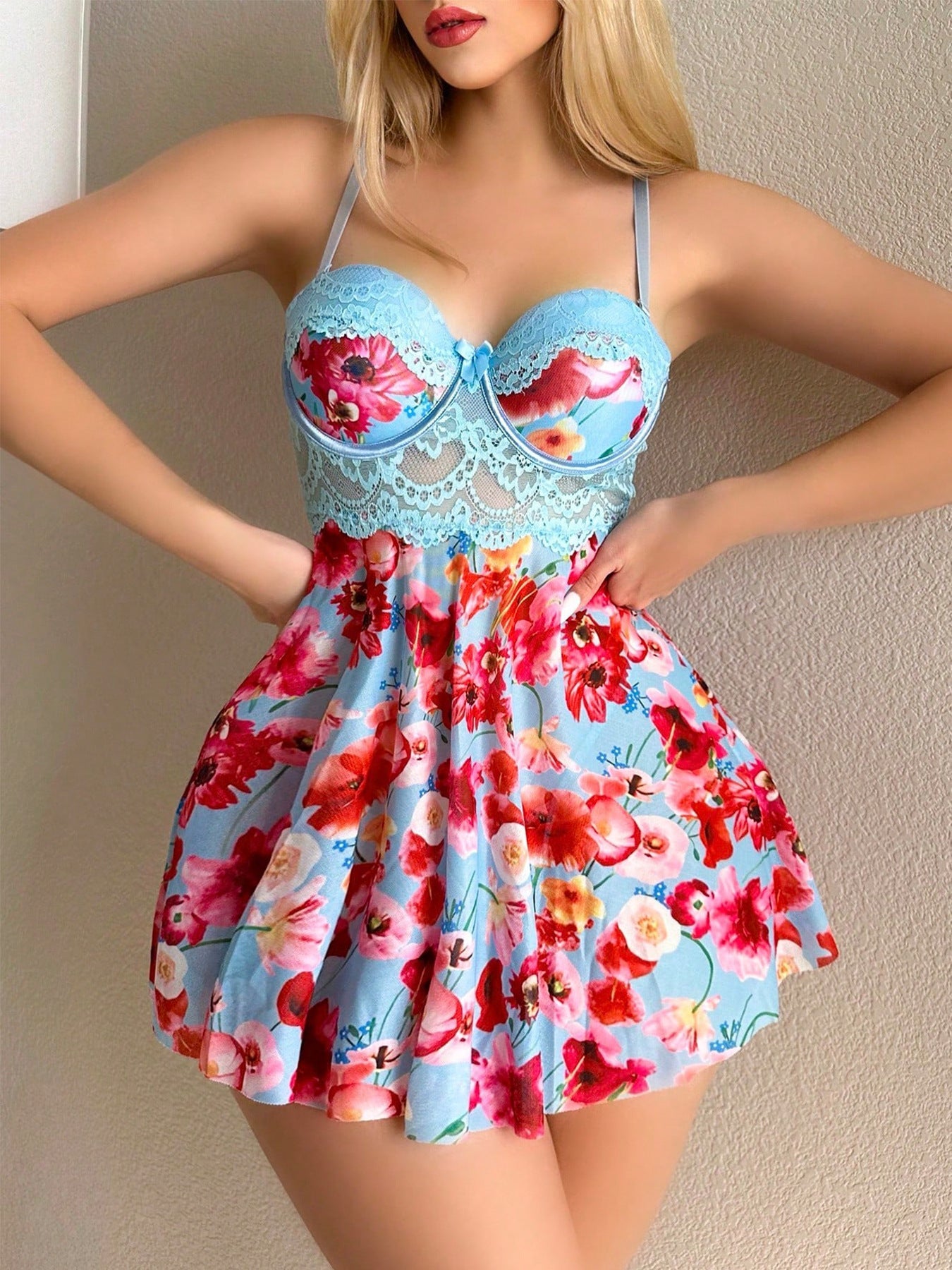 Blue Dream Night Floral Strap Mini Nightgown