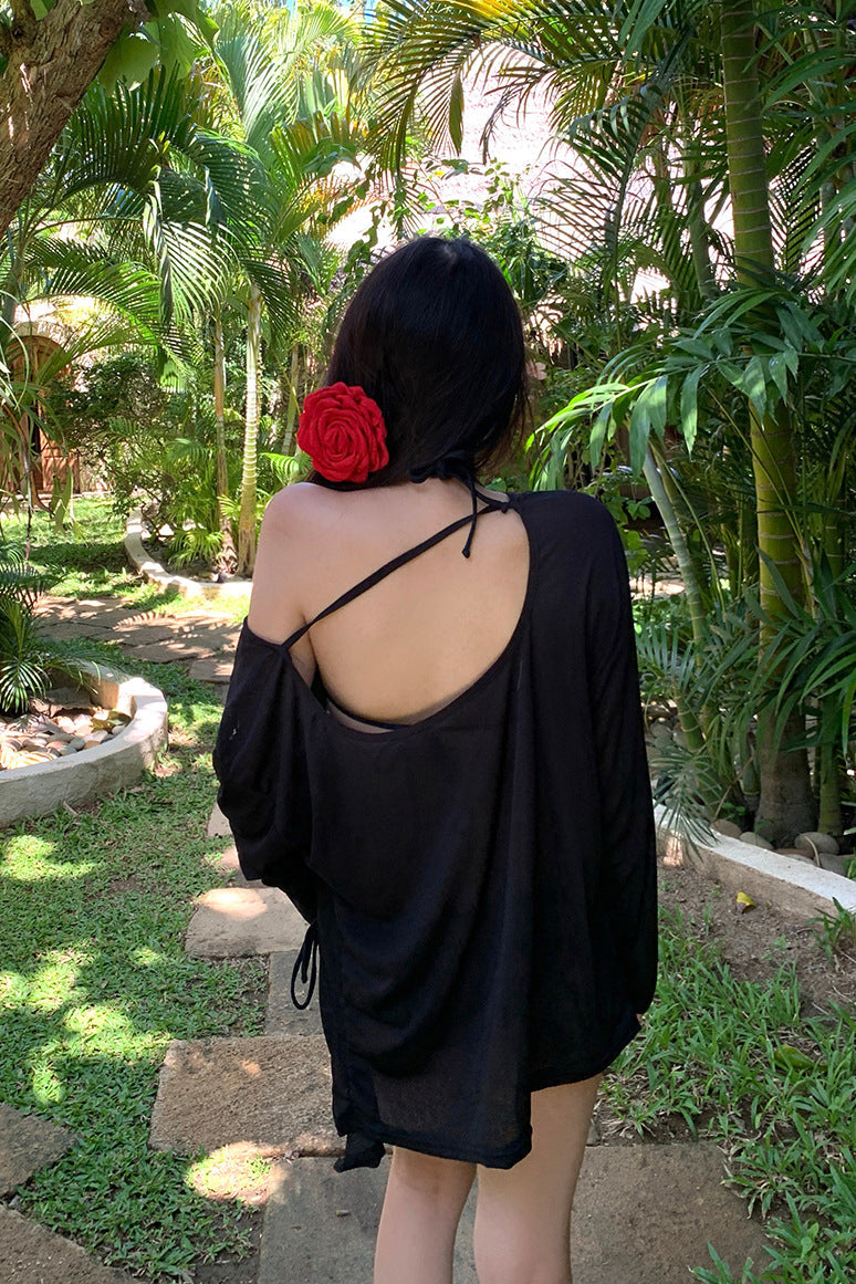 Long Sleeve Sun Protection Cover Up Three-Piece Bikini - Black