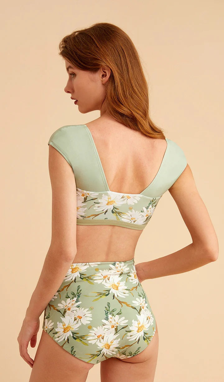 Spring Floral Square-Neck High Waisted Bikini Set