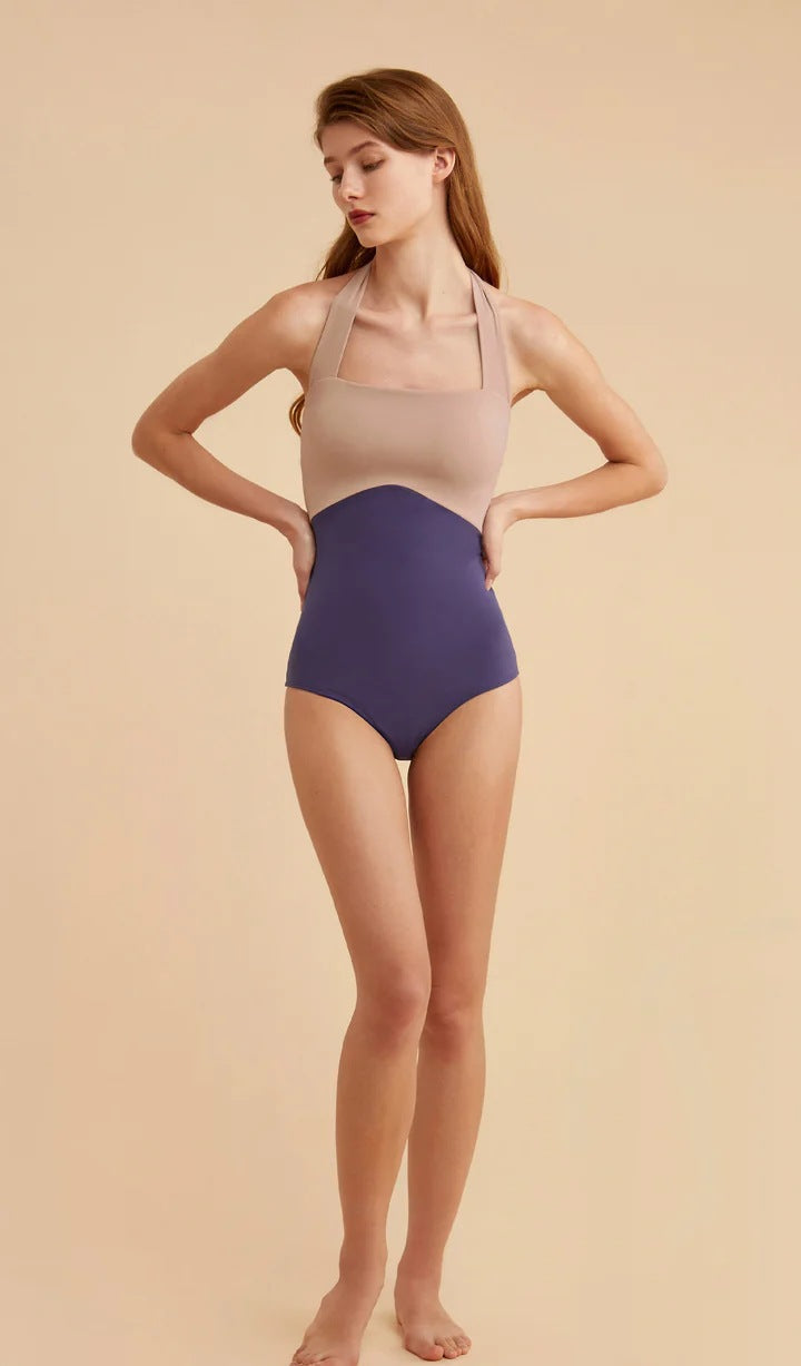 Color Block Halter One Piece Swimsuit